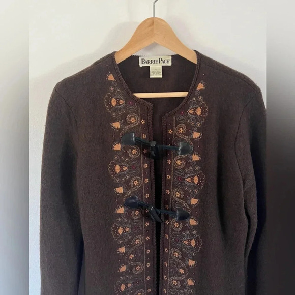 Barrie Pace Wool Brown Embroidered Toggle Button Long Sweater Jacket Small - Picture 3 of 11